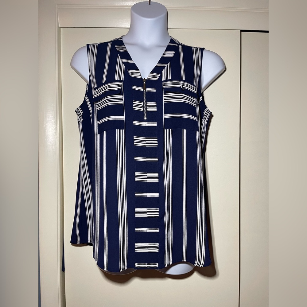 Notations Sleeveless Blouse Navy / White Stripe V-neck Large
